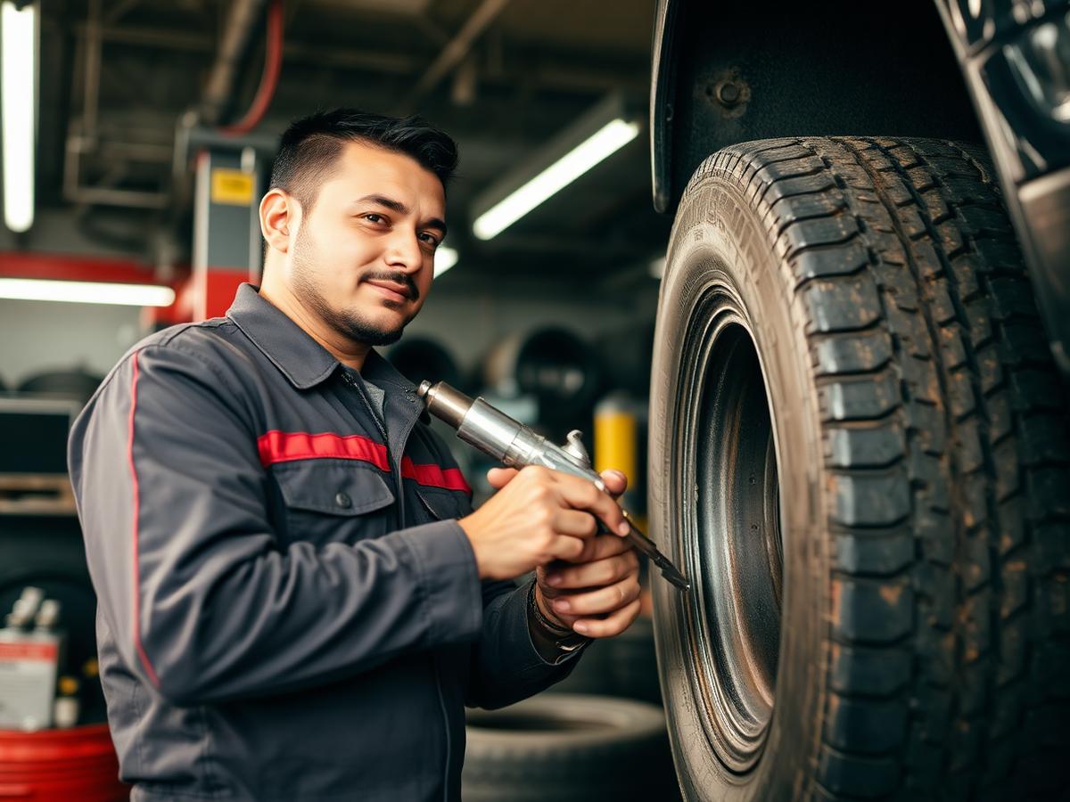 Mechanic changing a tire at Los Plebes